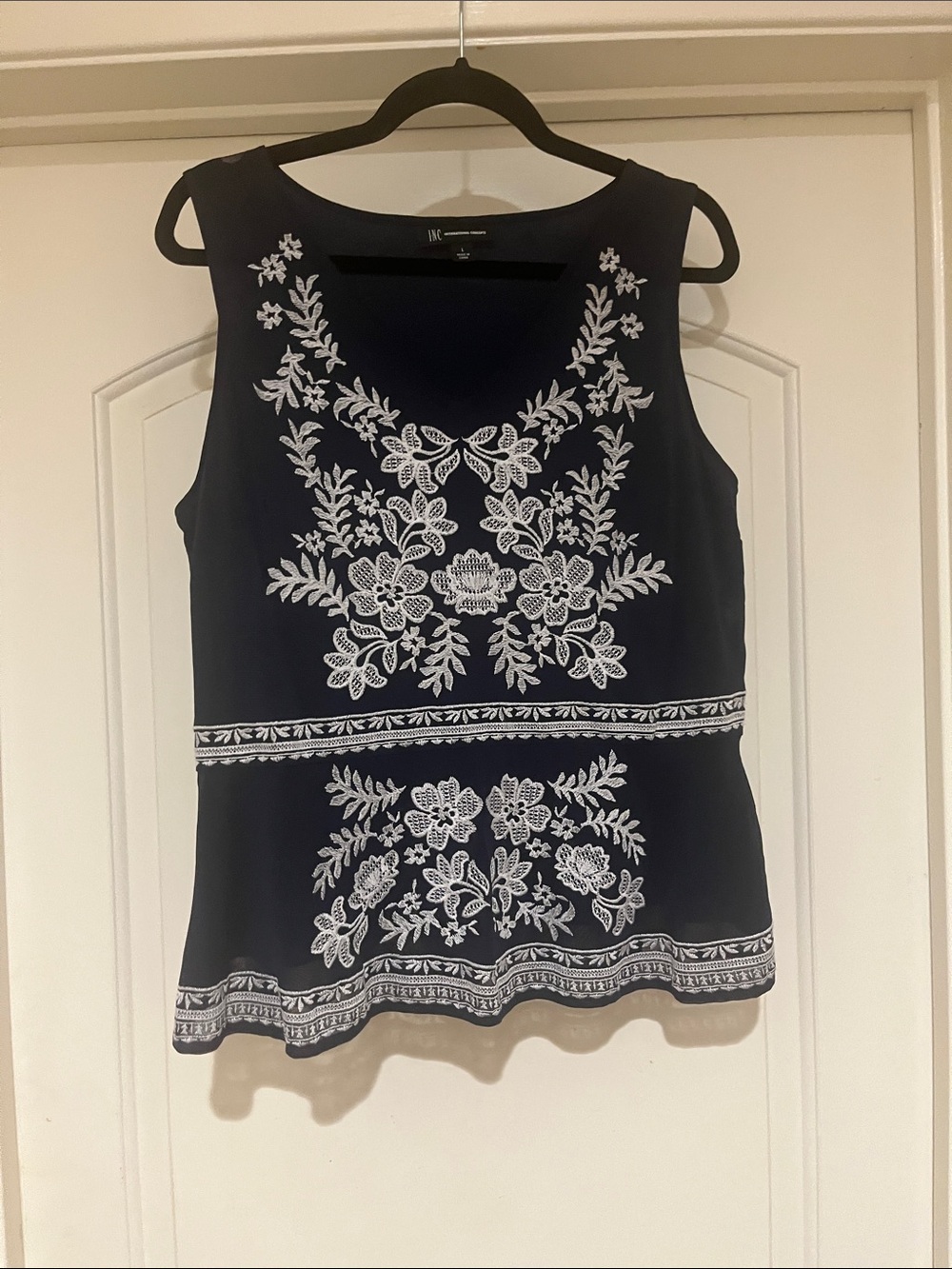 INC International Concepts Navy Peblum style Tank with White Floral Embroidery